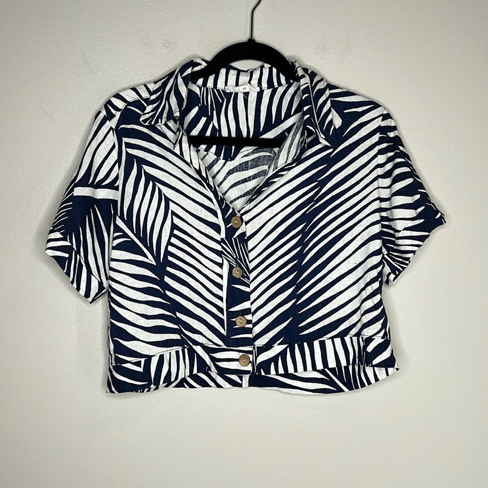 PANAMA JACK Palm Print Button Down Cropped Linen Blend Top size XS - Picture 2 of 11